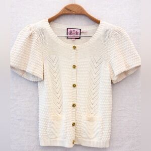 Juicy Couture Cream Silk Cotton Cardigan Short Sleeve Gold Button Knit Sweater